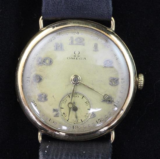 A gentlemans 1930s 14ct gold Omega manual wind wrist watch,